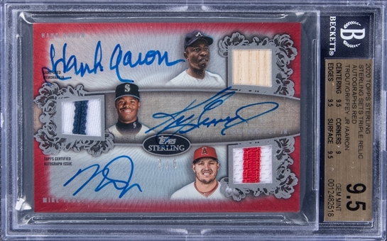 2020 Topps Sterling "Sterling Sets Triple Relic Autographs" (Red) #SSTAR-AGT Mike Trout/Ken Griffey, Jr./Hank Aaron Multi Signed Game Used Memorabilia Card (#2/5) – BGS GEM MINT 9.5/BGS 10